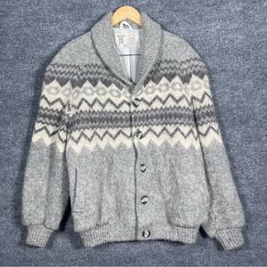 Hilda Ltd Men’s Large 100% Wool Gray Fair Isle Button Down Grandpa Cardigan VTG